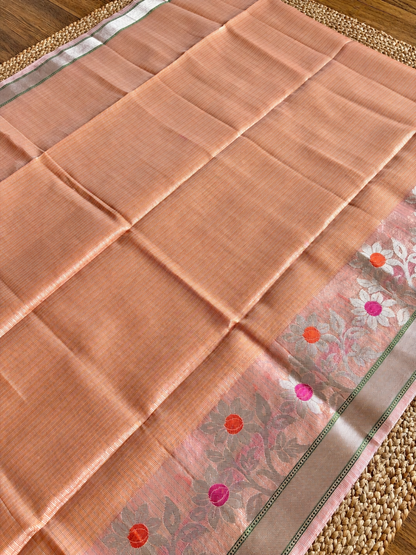 Kota Doria - Peach with floral designed border