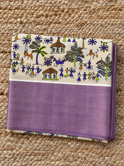 Pure Cotton Tissue - Folk Tales Warli Art Creme & Mauve