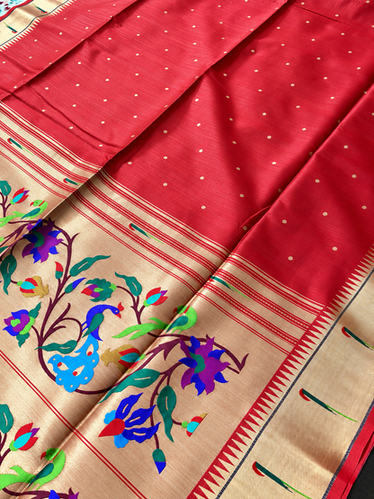 Raw Silk Paithani - Red with bootas & Muniya