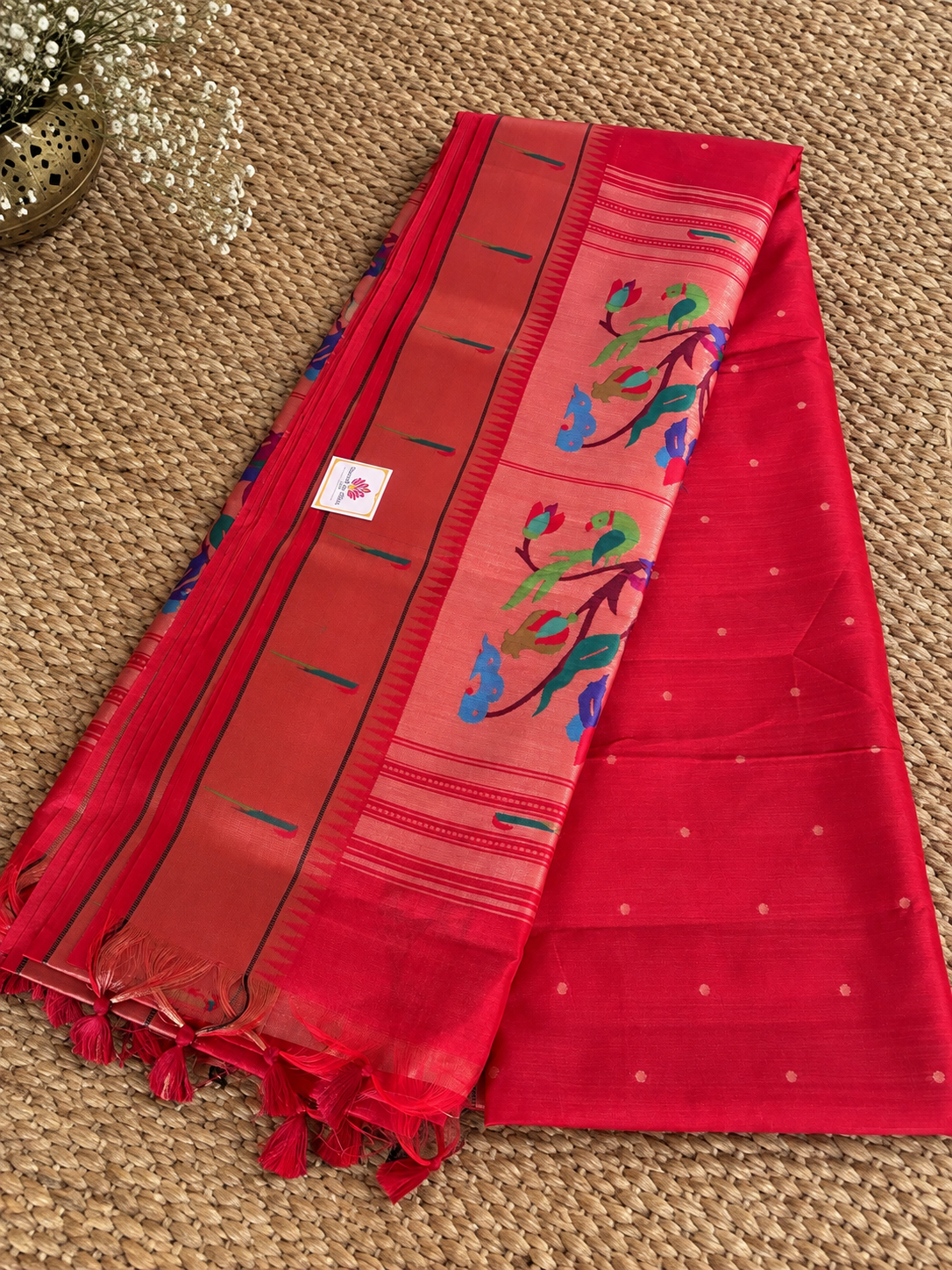 Raw Silk Paithani - Red with bootas & Muniya