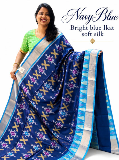 Pure Handloom Soft Silk-Navy-Blue Pochampally Ikat