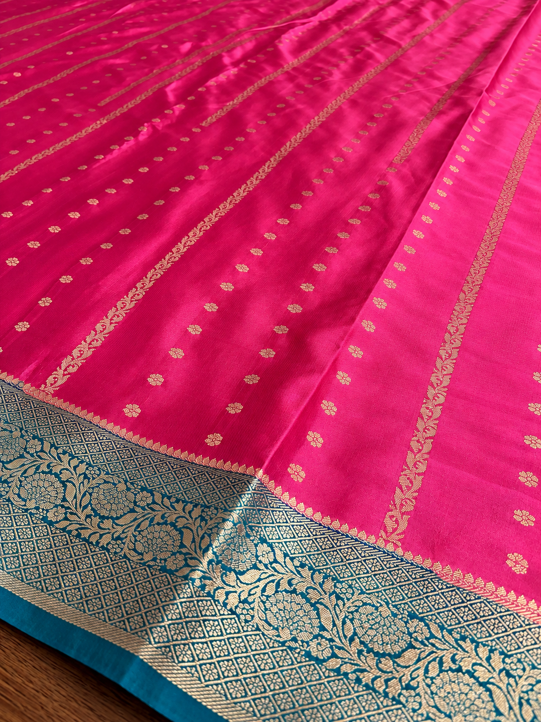 Dola Silk -  Coral Pink & Teal Blue with Zari Bootas