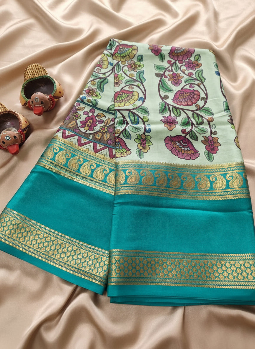 Pure Mysore Crepe Silk - Green & Teal Vertical Flower pattern Kalamkari