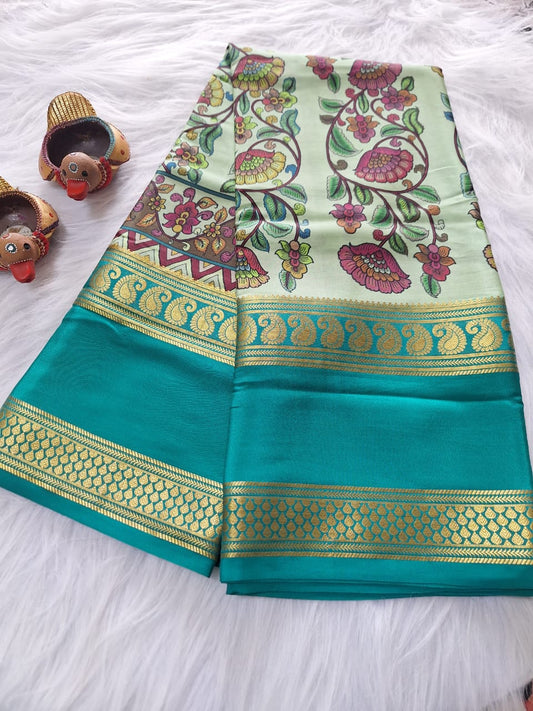 Pure Mysore Crepe Silk - Green & Teal Vertical Flower pattern Kalamkari