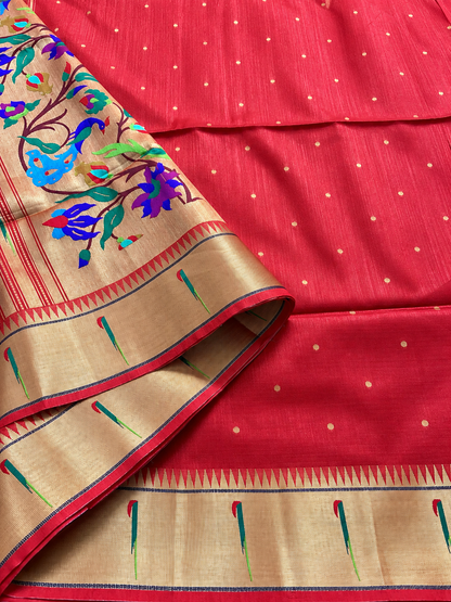 Raw Silk Paithani - Red with bootas & Muniya