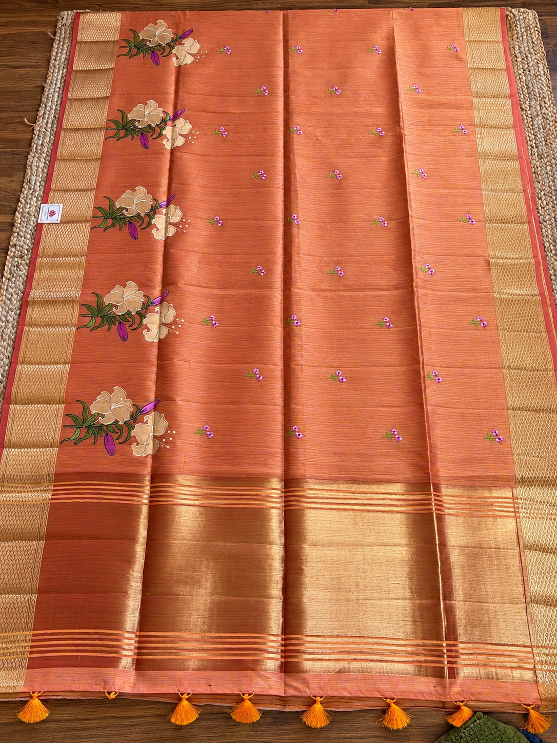 Jute Cotton - Orange with floral Applique work