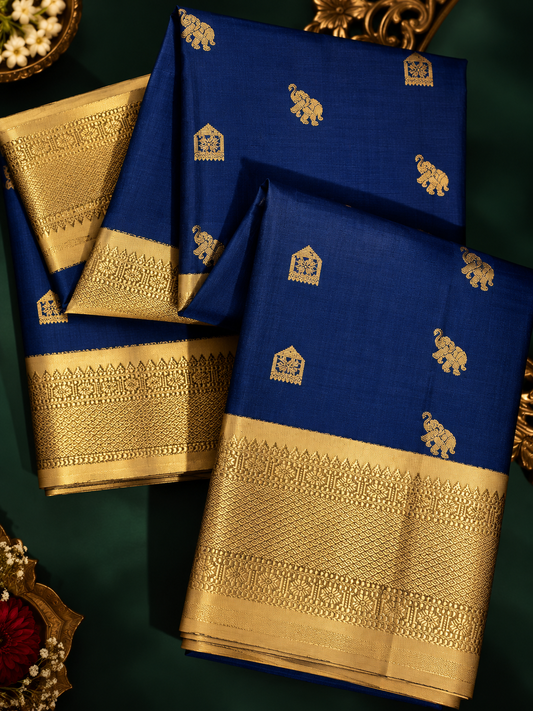 Pure Handloom Silk Kanjeevaram - Steel Navy with Elephant & Temple Motif
