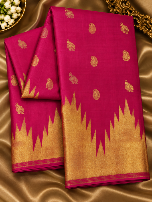 Pure Kanjeevaram-Hot Pink Temple Border Peacock-Mango motifs