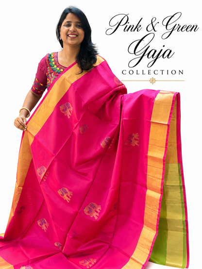 Pure Handloom Soft Silk - Pink & Green Gaja Collection