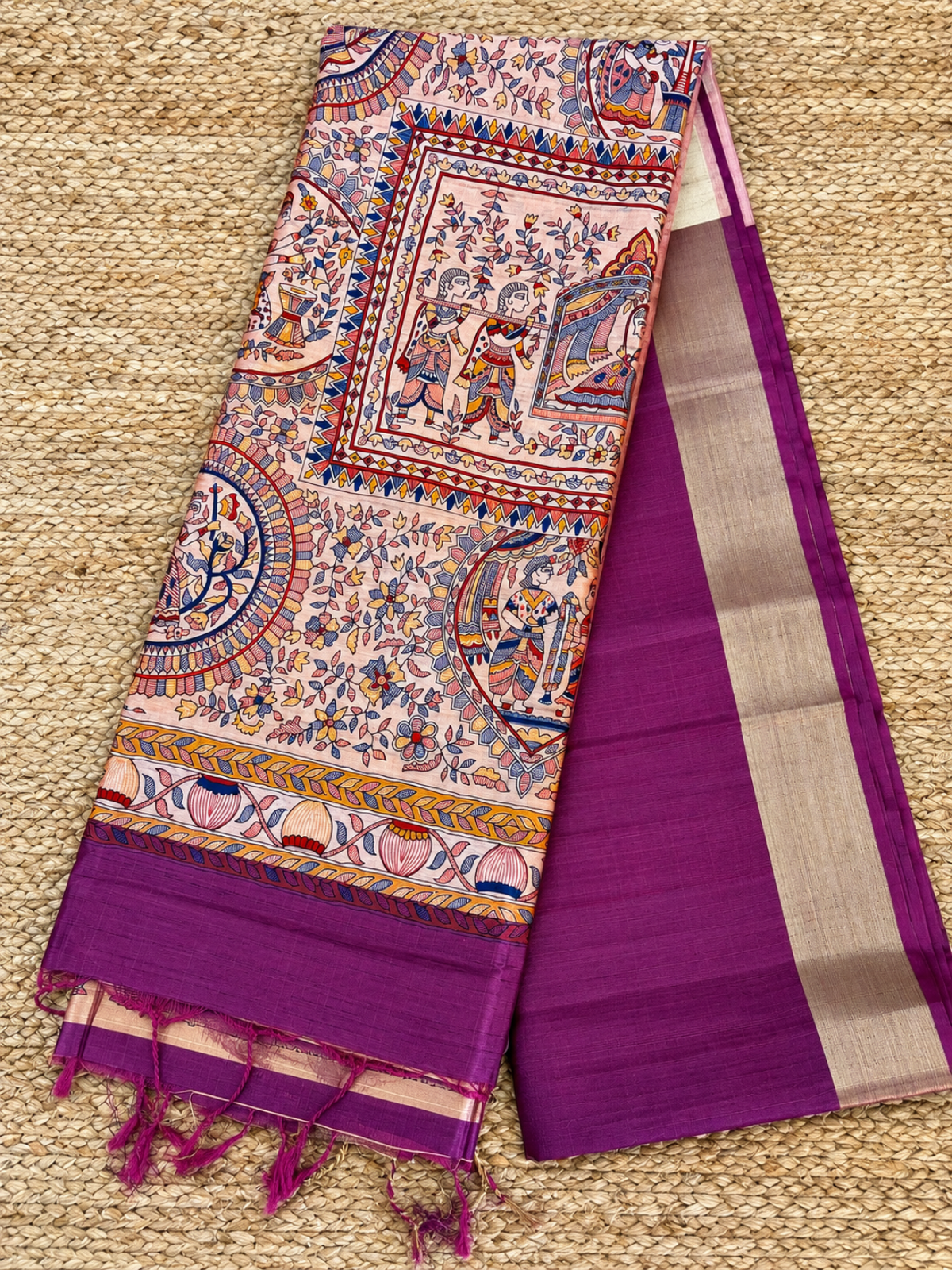 Khadi Raw Silk - Magenta Madhubani Design with Gold border