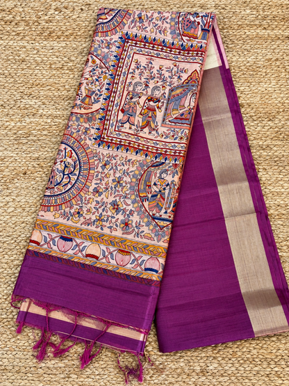 Khadi Raw Silk - Magenta Madhubani Design with Gold border
