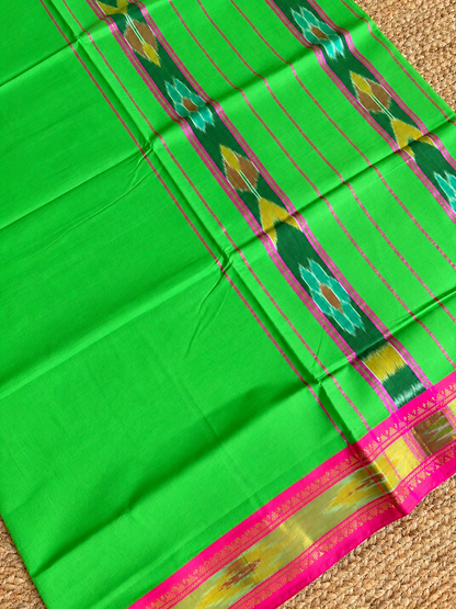 Pure Cotton - Green & Pink Plain with Ikat Border