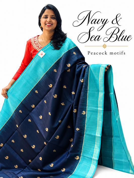 Pure Handloom Soft Silk - Navy & Sea blue Peacock motifs