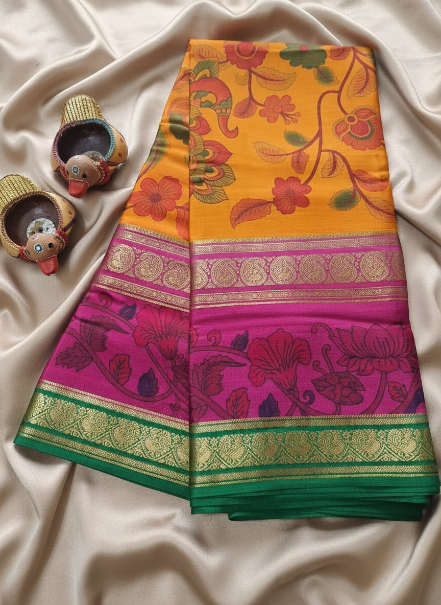 Pure Mysore Crepe Silk - Turmeric Yellow & Pink peacock floral Kalamkari