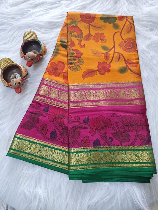 Pure Mysore Crepe Silk - Turmeric Yellow & Pink peacock floral Kalamkari