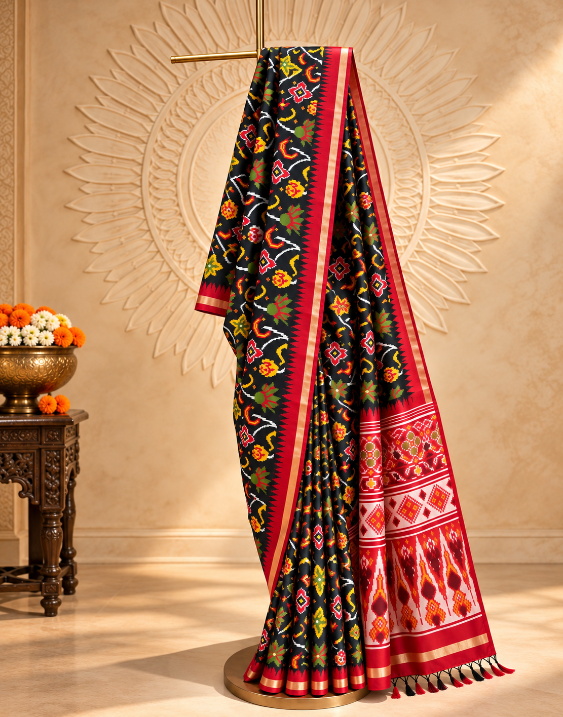 Raw Silk - Black & Maroon woven in Ikat pattern