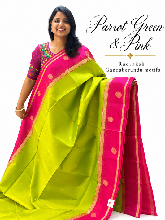 Pure Handloom Soft SIlk - Parrot Green & pink Rudraksh Gandaberundu motifs