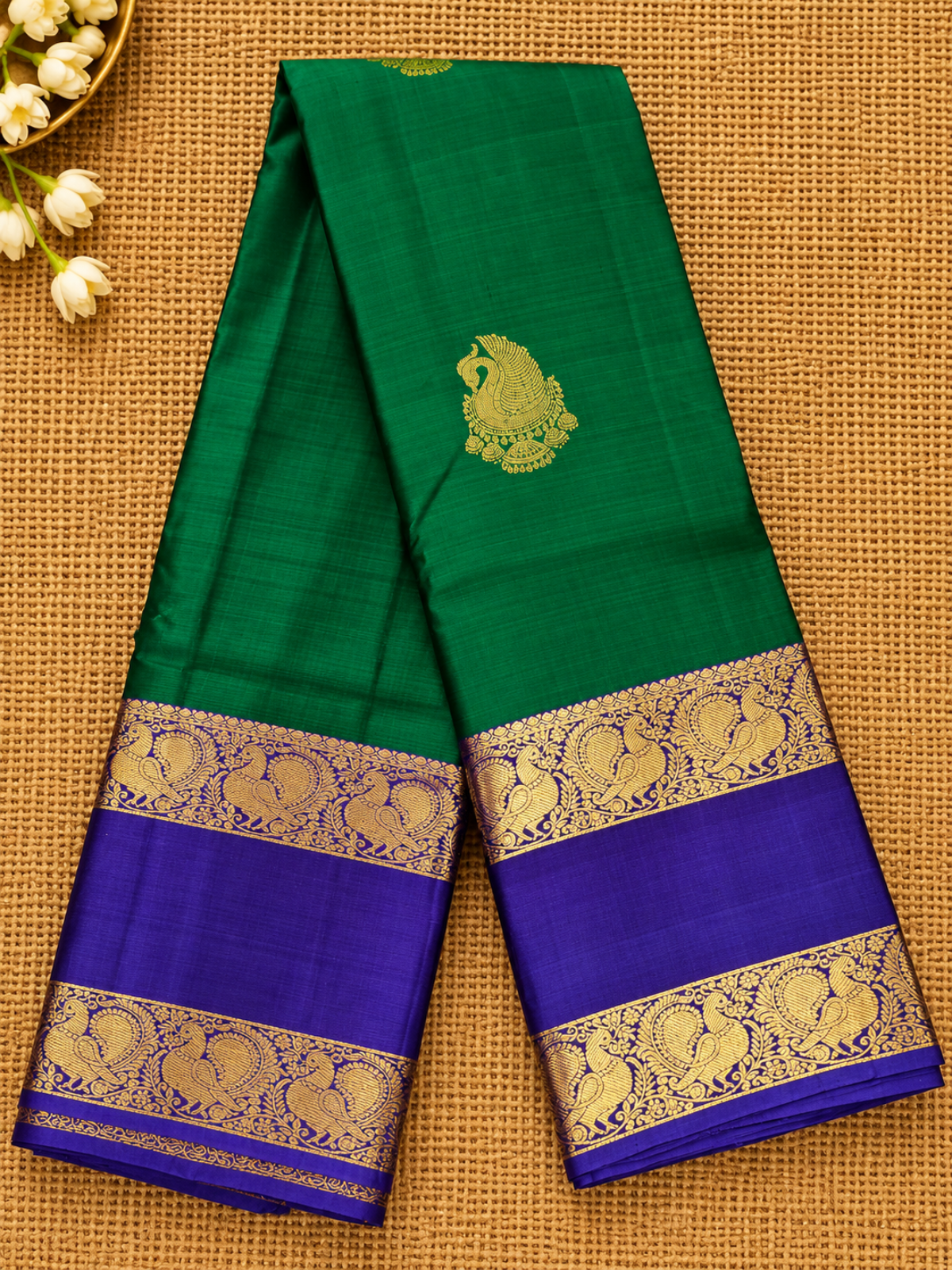 Pure Handloom Kanjeevaram - Green-Royal Blue Peacock Jhumka Motif