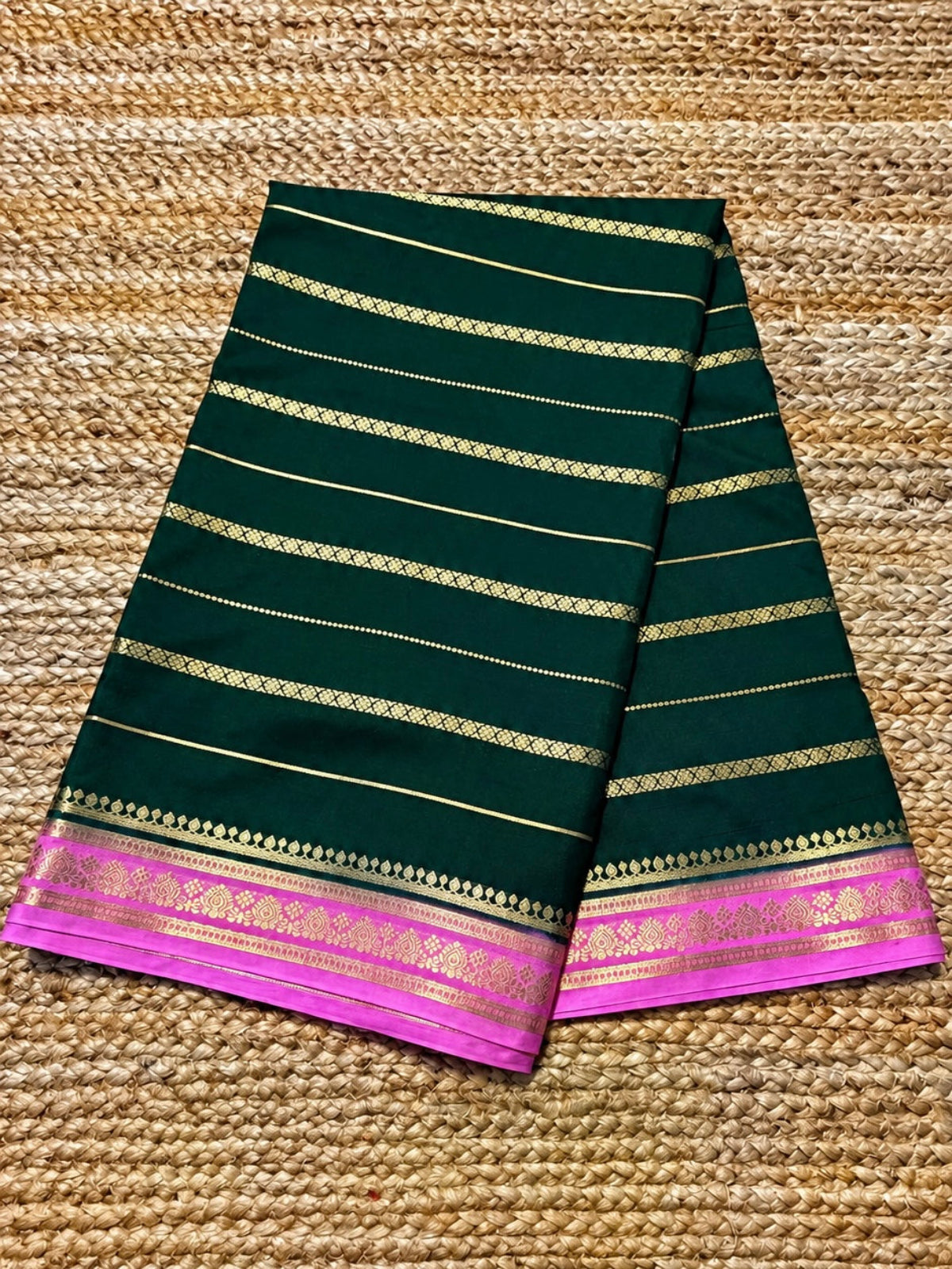 Semi Mysore Crepe Silk - Bottle Green & Baby Pink with Zari Work