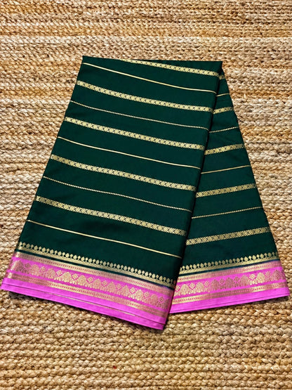 Semi Mysore Crepe Silk - Bottle Green & Baby Pink with Zari Work