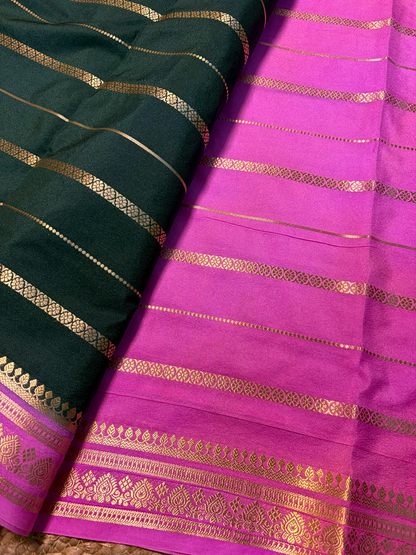Semi Mysore Crepe Silk - Bottle Green & Baby Pink with Zari Work