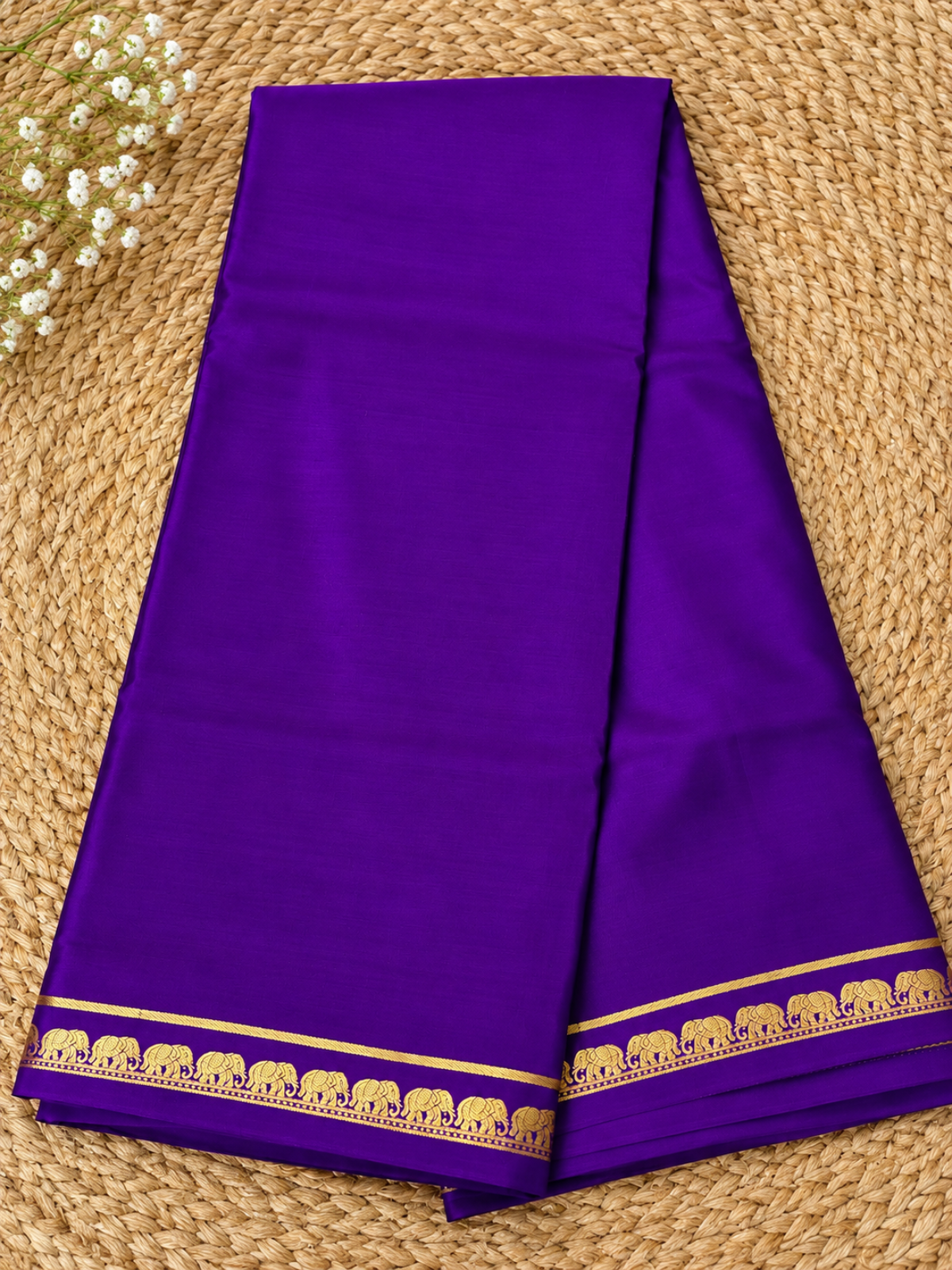 Pure Mysore Crepe Silk - Deep Purple Self Color & thin Elephant Border