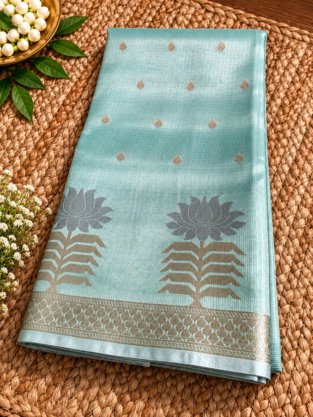 Kota Doria - Pastel Blue with lotus floral border