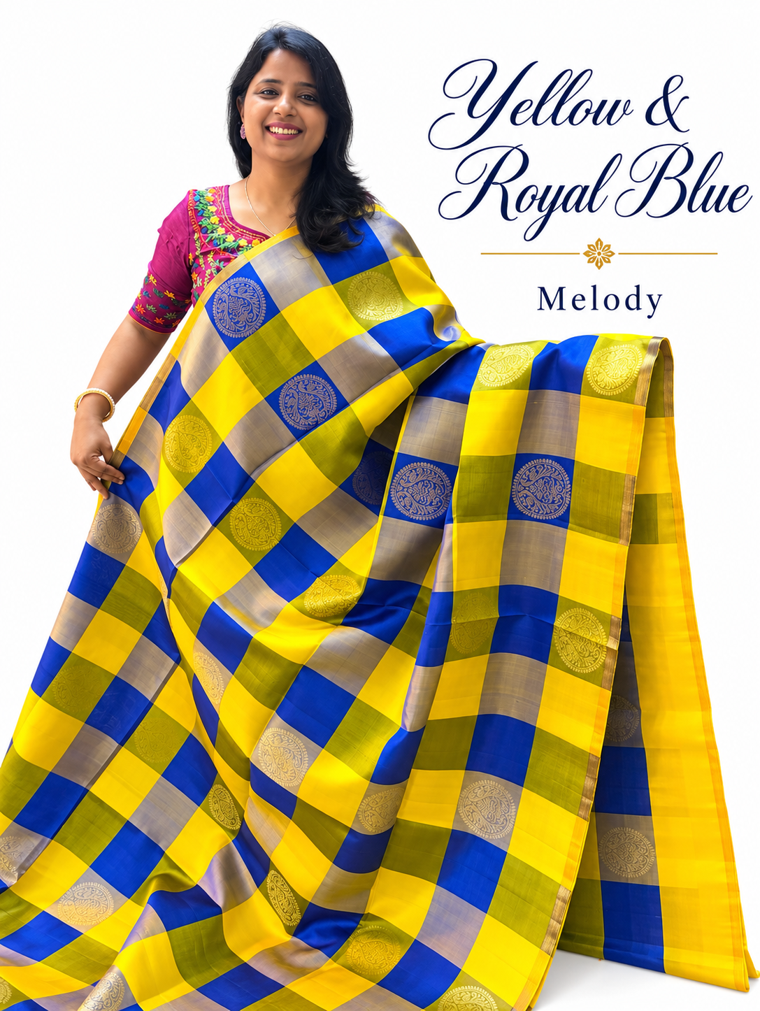 Pure Handloom Soft Silk - Yellow & Royal Blue Melody