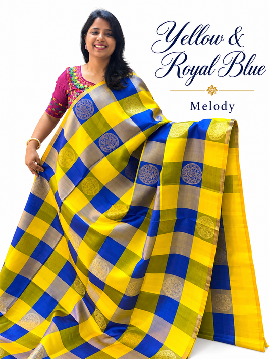 Pure Handloom Soft Silk - Yellow & Royal Blue Melody