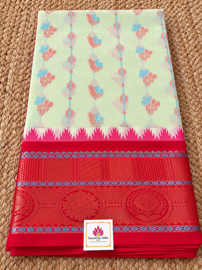 Gadwal Design Cotton - Pastel Green & Red woven in Gadwal pattern