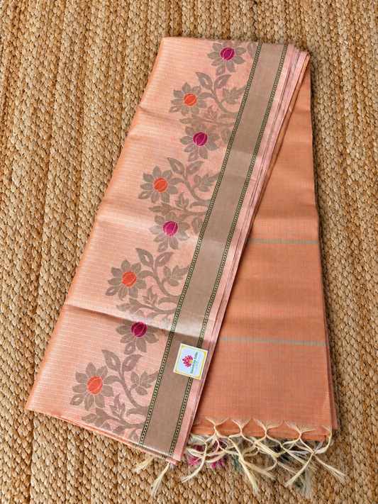 Kota Doria - Peach with floral designed border