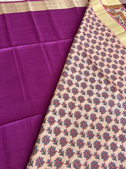 Khadi Raw Silk - Magenta Madhubani Design with Gold border