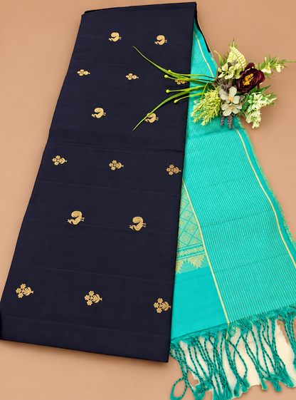 Pure Handloom Soft Silk - Navy & Sea blue Peacock motifs