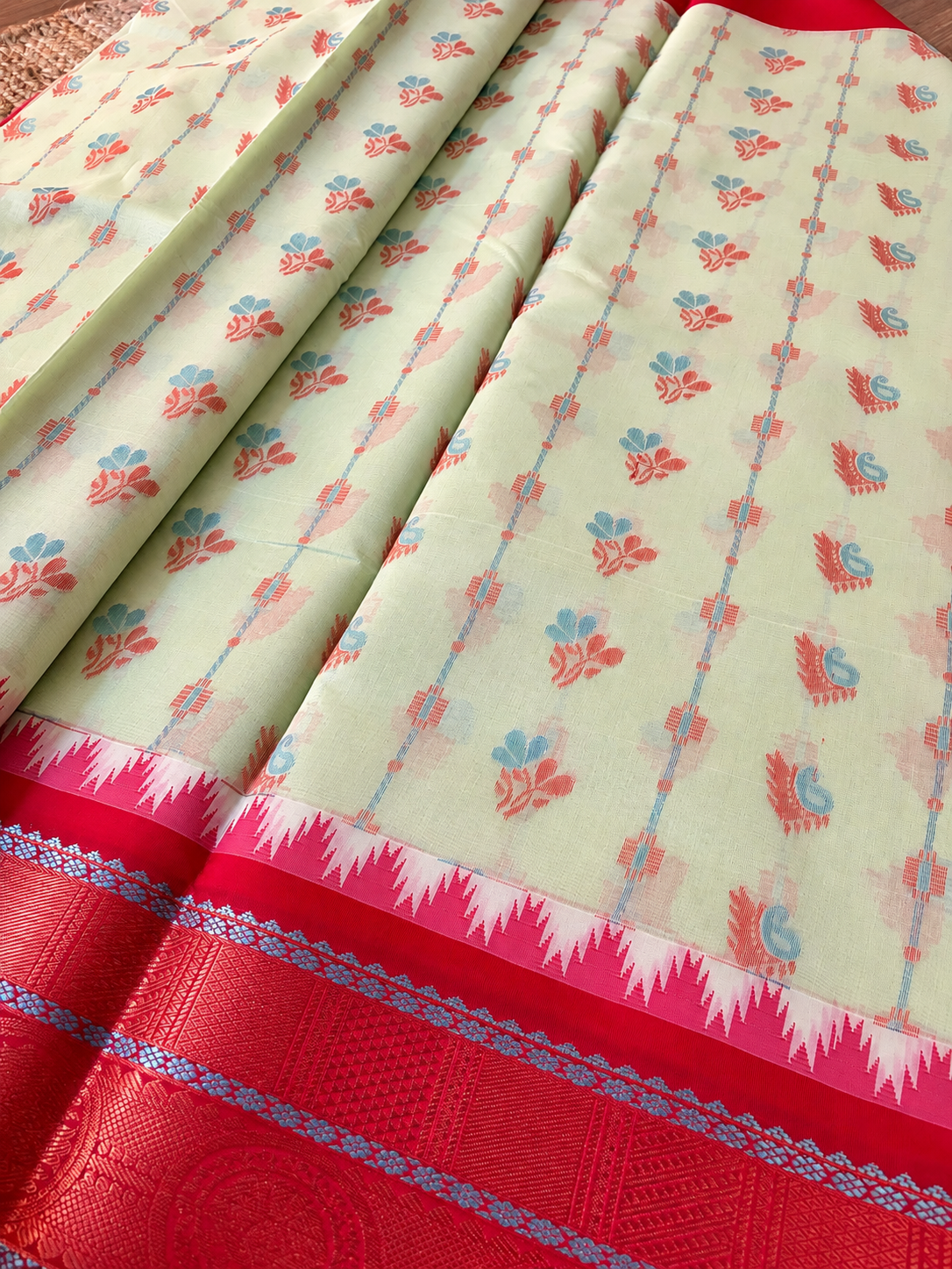 Gadwal Design Cotton - Pastel Green & Red woven in Gadwal pattern