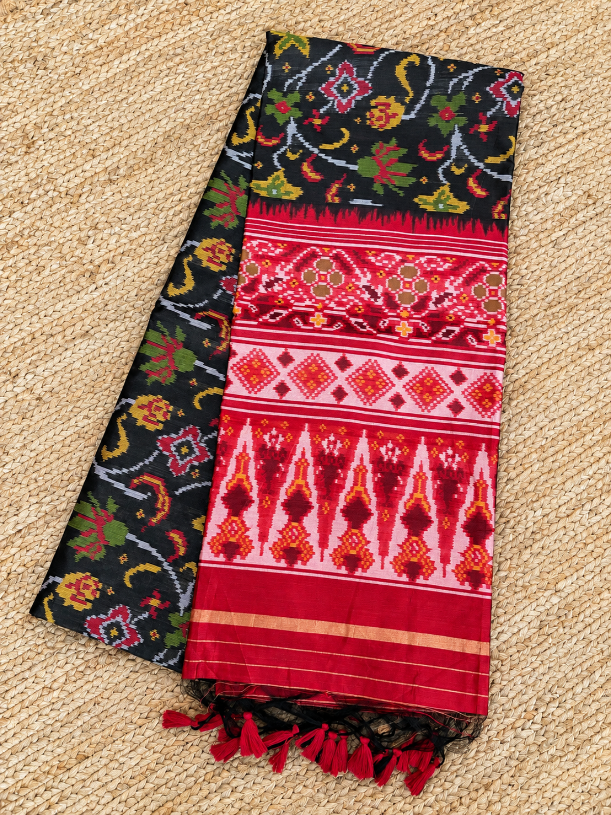 Raw Silk - Black & Maroon woven in Ikat pattern