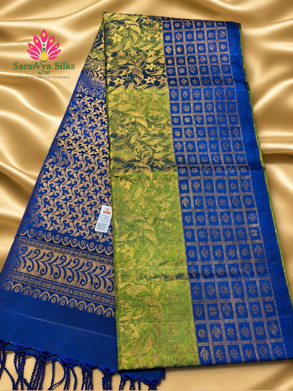 Pure Handloom Soft Silk - Brocade Green & Royal Blue