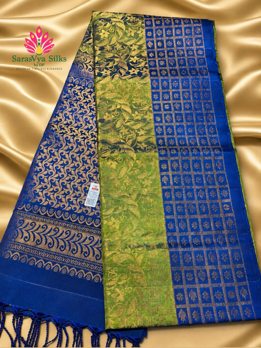 Pure Handloom Soft Silk - Brocade Green & Royal Blue