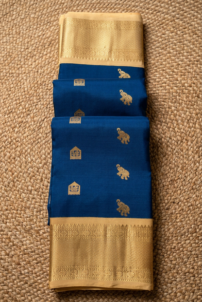 Pure Handloom Silk Kanjeevaram - Steel Navy with Elephant & Temple Motif