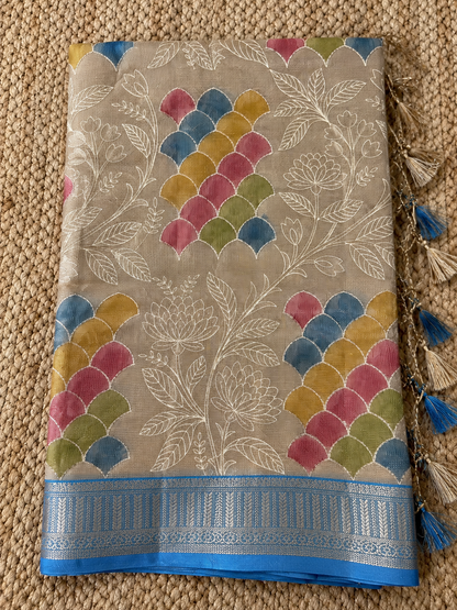 Kota Doria - Beige-Blue with Multi Color Embrodery