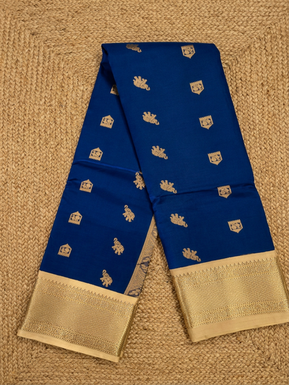 Pure Handloom Silk Kanjeevaram - Steel Navy with Elephant & Temple Motif