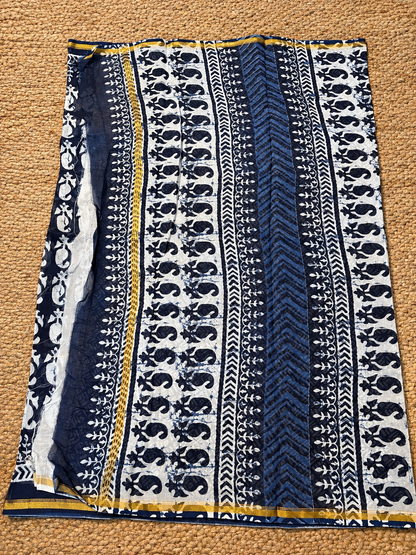 Pure Handloom Chanderi Cotton - Indigo Blue with Mango motifs