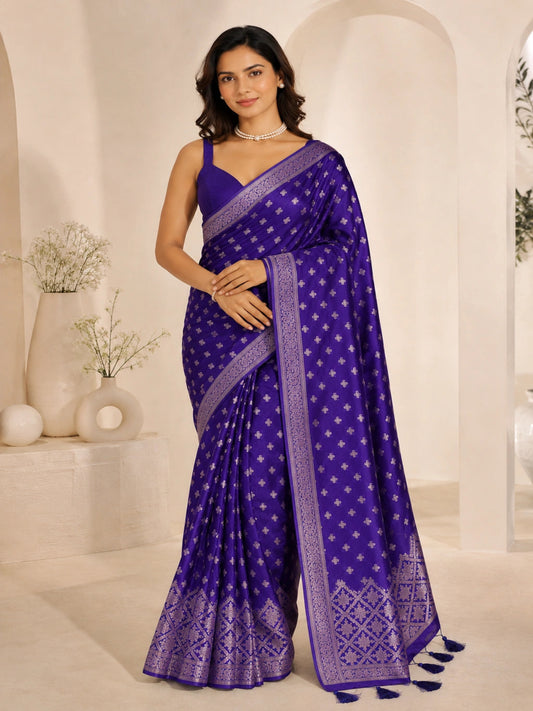 Pure Handloom Banarasi Silk - Royal blue in Silver Gold Zari