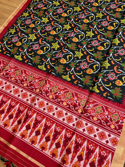 Raw Silk - Black & Maroon woven in Ikat pattern