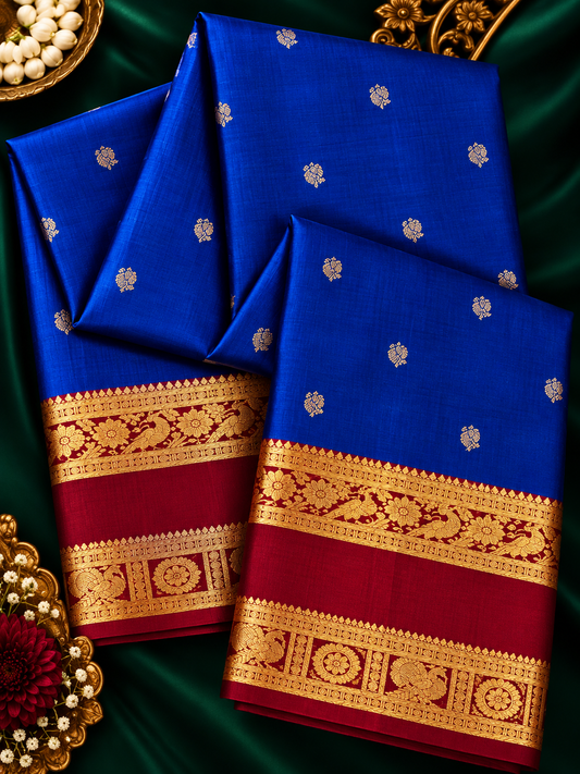 Pure Handloom Kanjeevaram Silk - Royal Blue Red Peacock Motifs with Bentex border