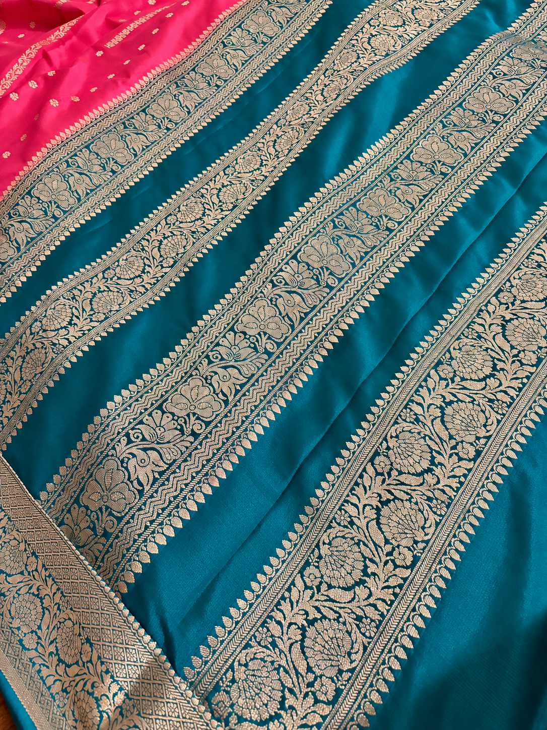 Dola Silk -  Coral Pink & Teal Blue with Zari Bootas