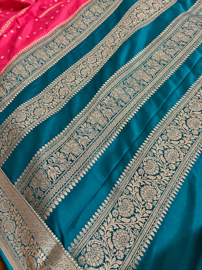 Dola Silk -  Coral Pink & Teal Blue with Zari Bootas