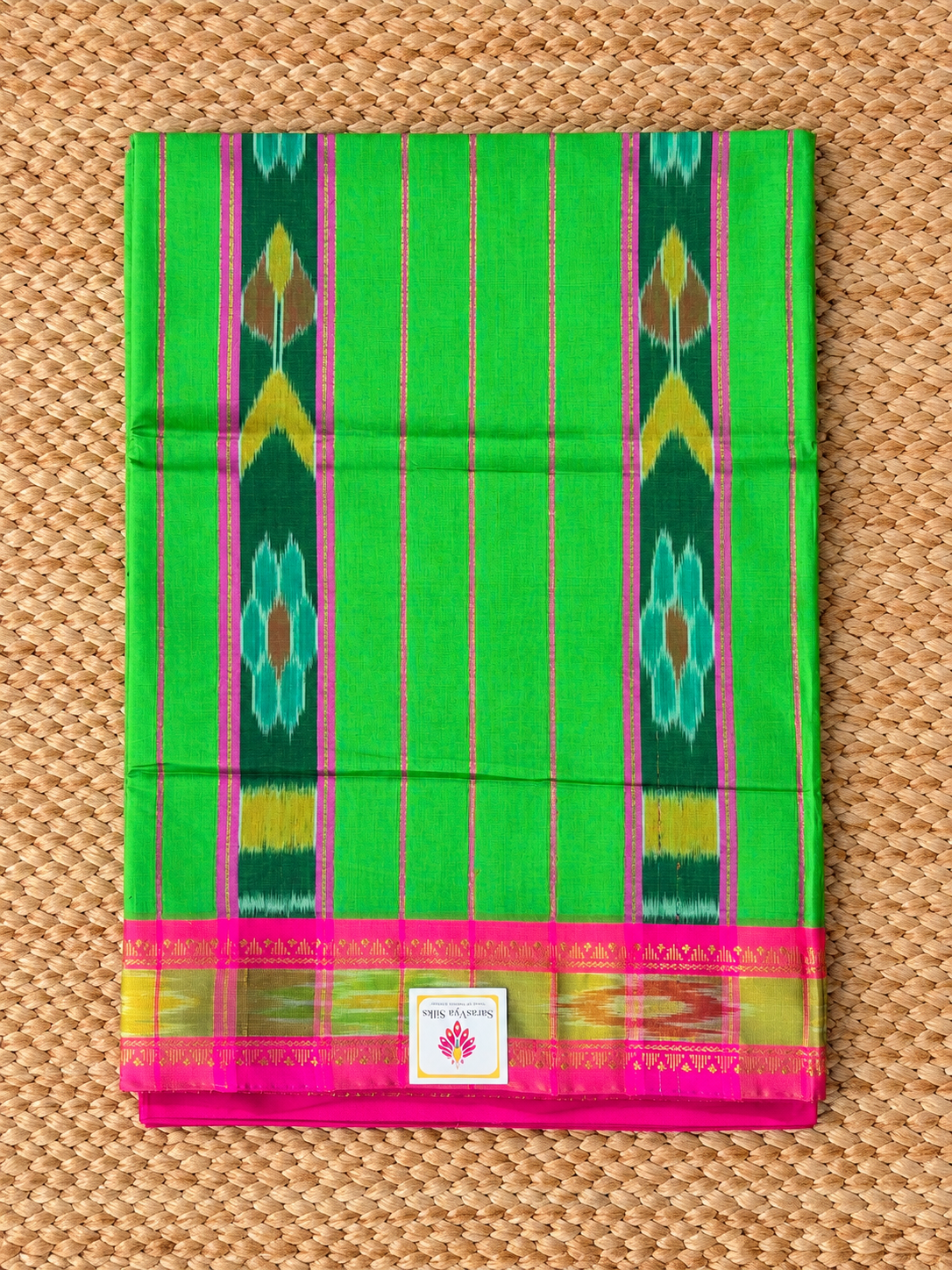 Pure Cotton - Green & Pink Plain with Ikat Border
