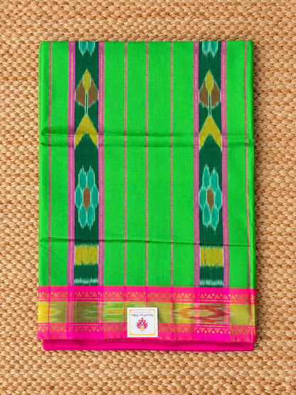Pure Cotton - Green & Pink Plain with Ikat Border