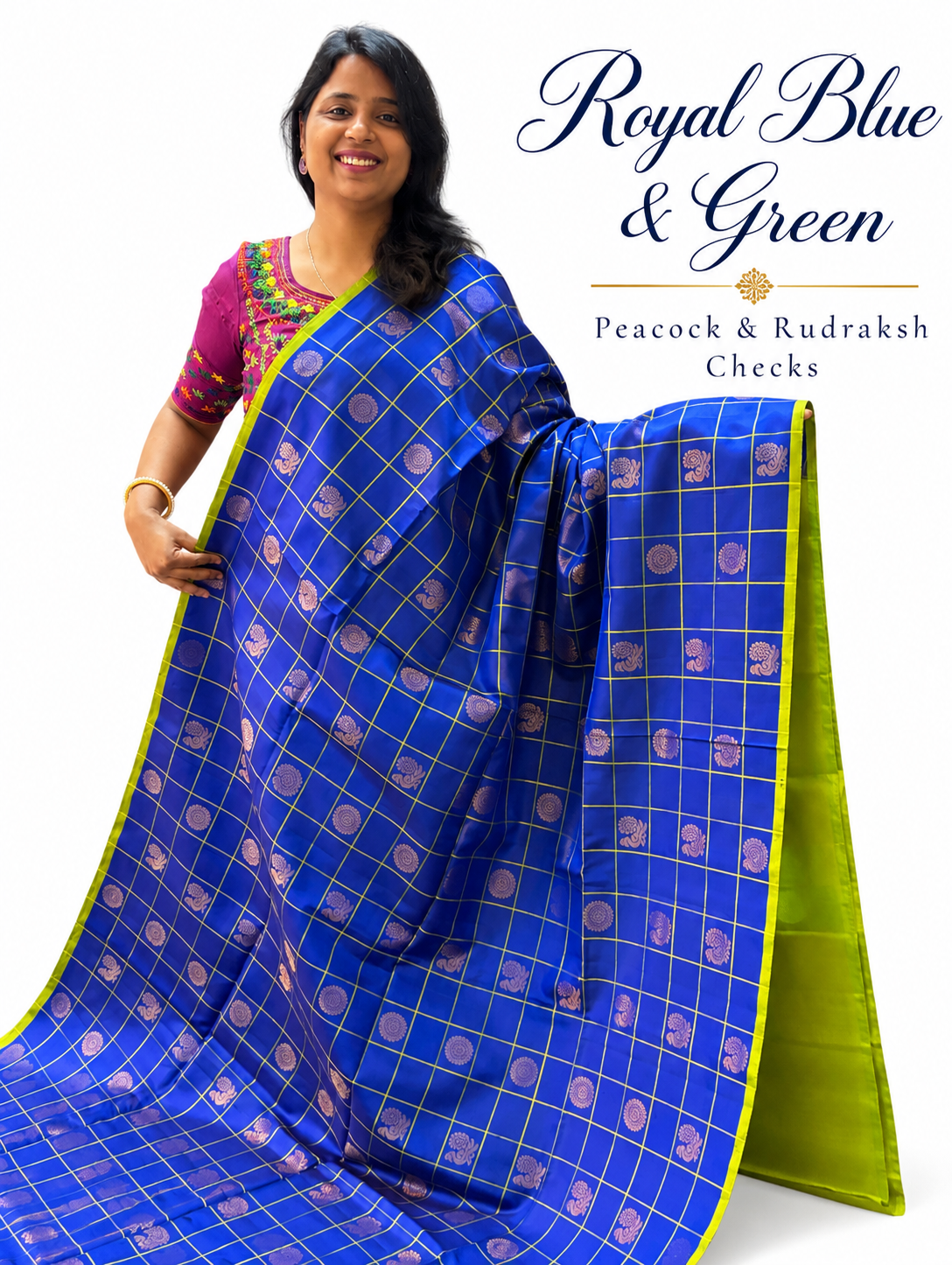 Pure Handloom Soft Silk - Royal Blue & Green Peacock & Rudraksh Checks
