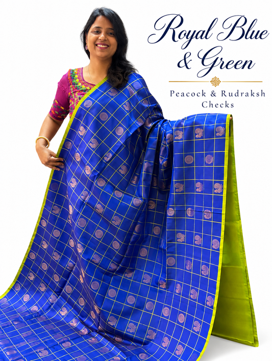 Pure Handloom Soft Silk - Royal Blue & Green Peacock & Rudraksh Checks
